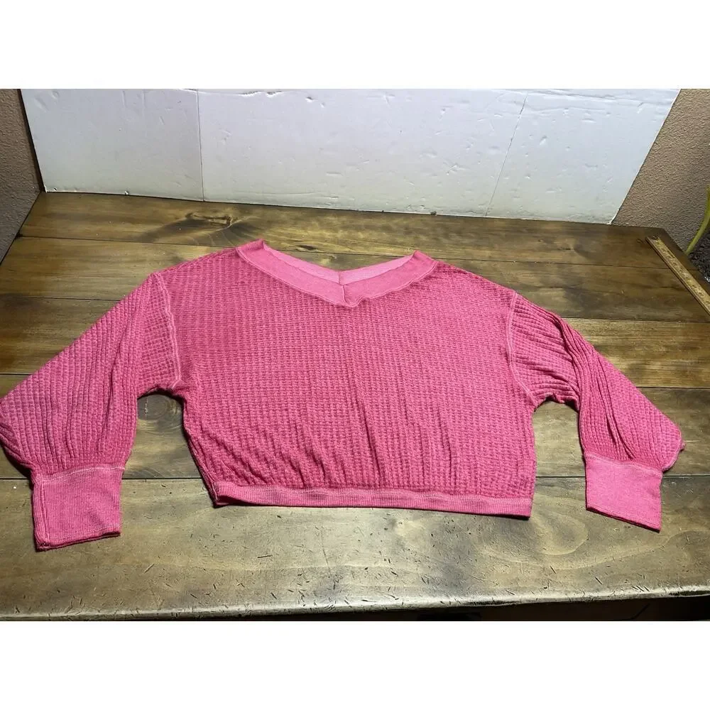 Free People We The Free Southside Thermal Waffle Knit Pullover Pink Women’s XS